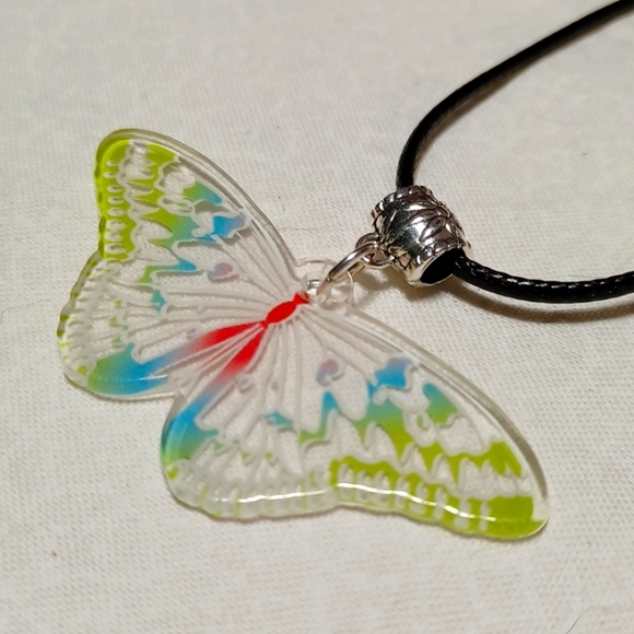 Butterfly acrylic clear silver handmade pendant rainbow 🌈 colorful wings bug - Picture 4 of 5